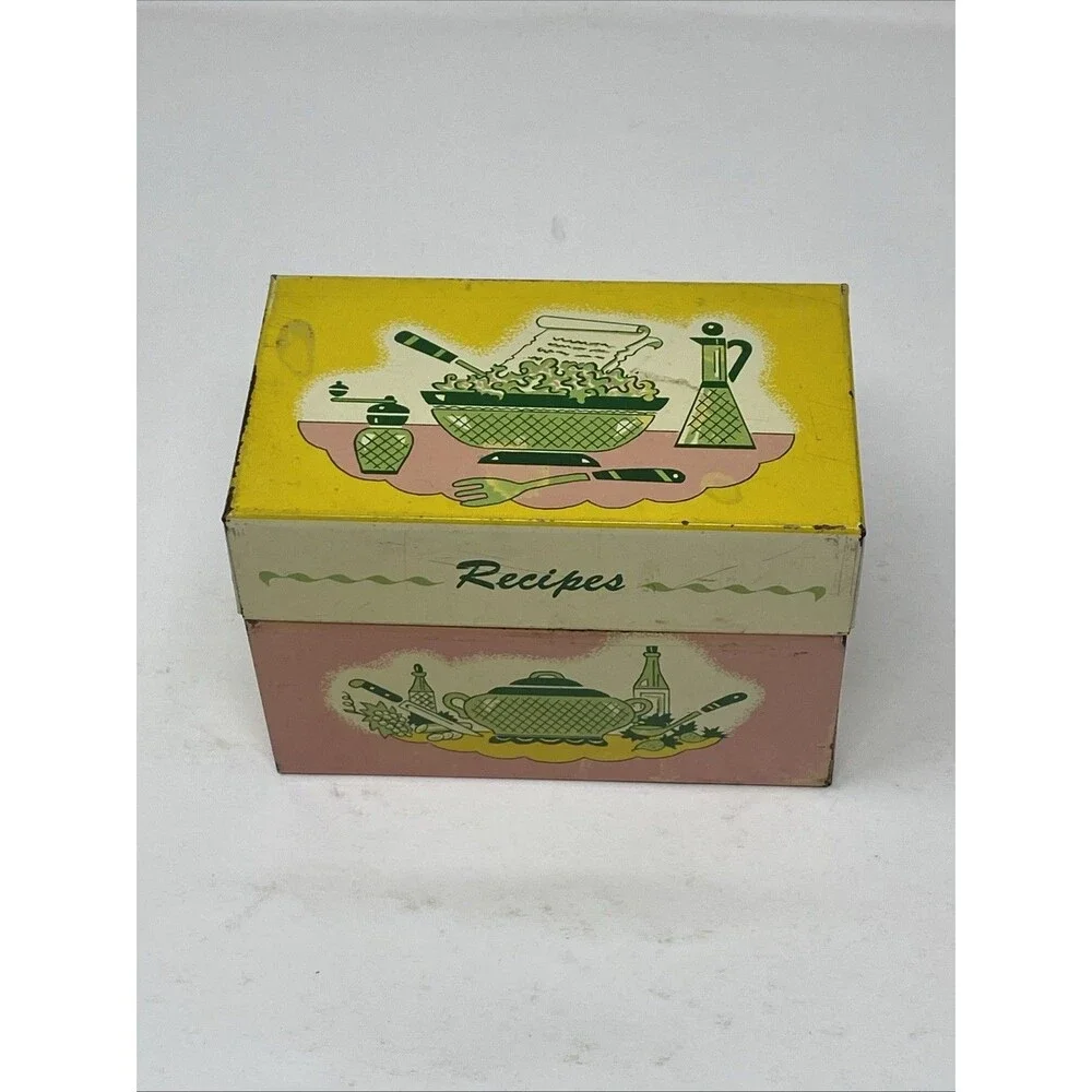 Vintage The Ohio Art Co Metal MCM Recipe Box Pink Green Yellow USA